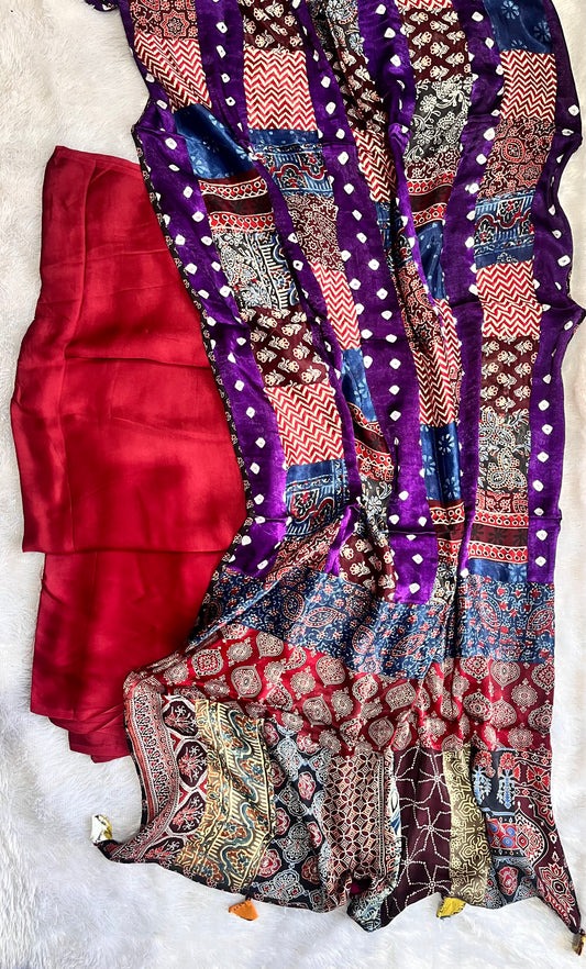 Maroon and Purple Modal Silk Ajrakh Natural Dyed Hand Block Print 2pc Suit Set