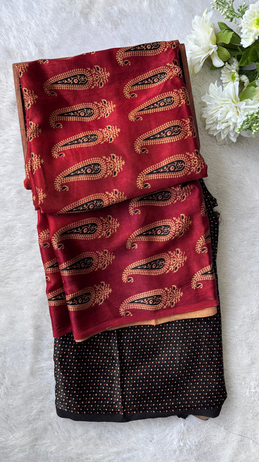 Maddar Red Mugal Boota Motif Ajrakh Mashru Silk Kurta Pant Fabric