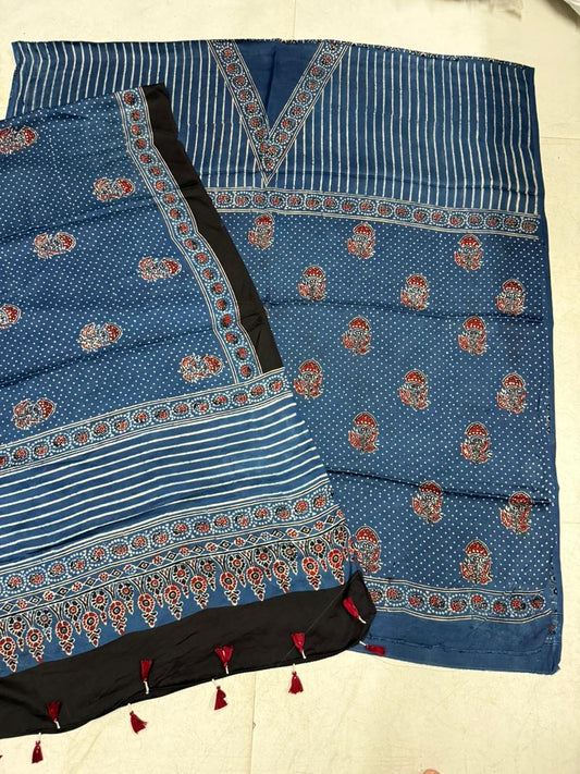 Deep Blue Dhaari and Buta Pure Modal Silk Suit Set with Modal Silk Dupatta