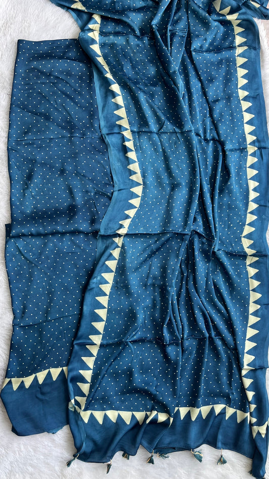 Indigo Polka Dotted Buti Modal Silk 2pc Suit Material Set with Modal Silk Dupatta