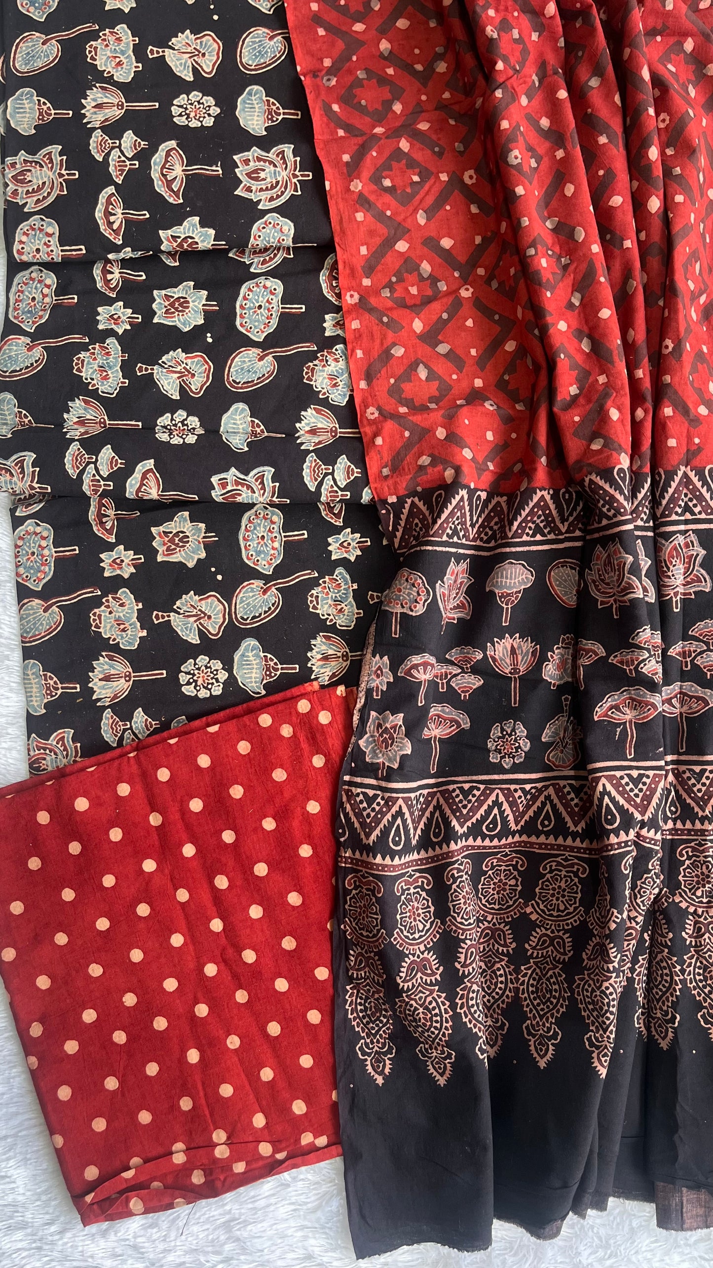 Red and Black Booti Ajrakh Unstitched Suit Set with Ajrakh Cotton Dupatta