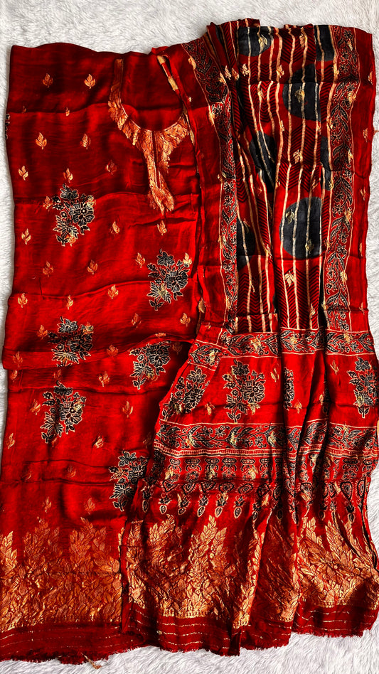 Mesmerising Red Boota Motif Ajrakh Hand Block Modal Silk Suit Material with Nakkashi Border