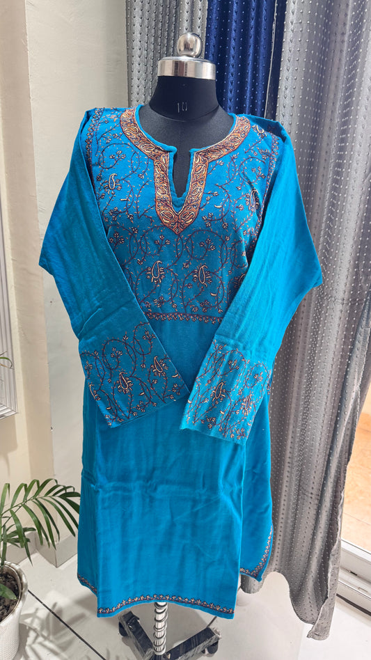 Firozi Shade Sozni Hand Embroidered Pure Marino Wool Kashmiri Pheran with Pockets and Hand Embroidered Sleeves (Size 56”)