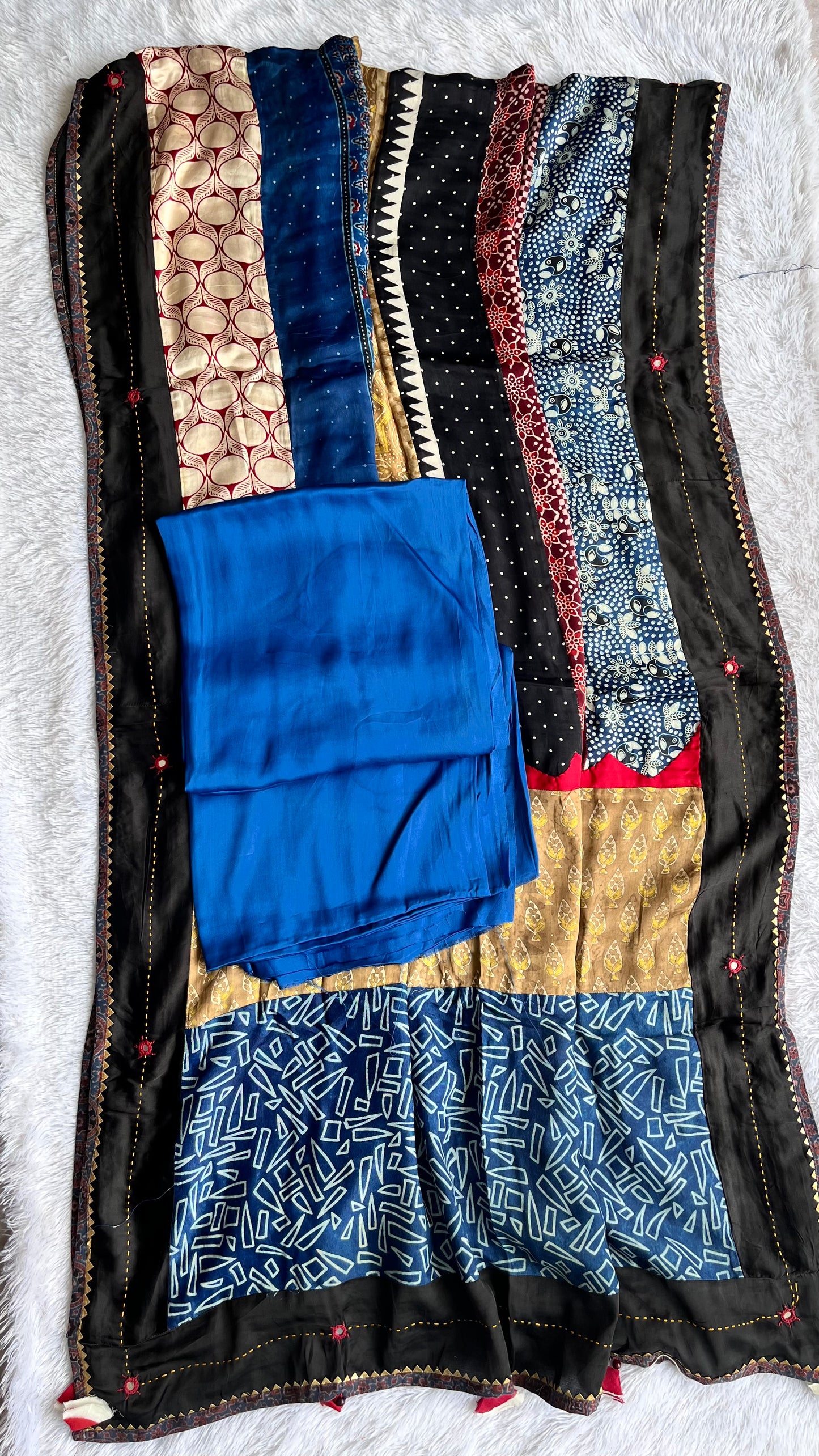 Indigo Solid Shade Modal Silk Ajrakh Hand Block Print 2pc Suit Material Set with Applique Work Dupatta