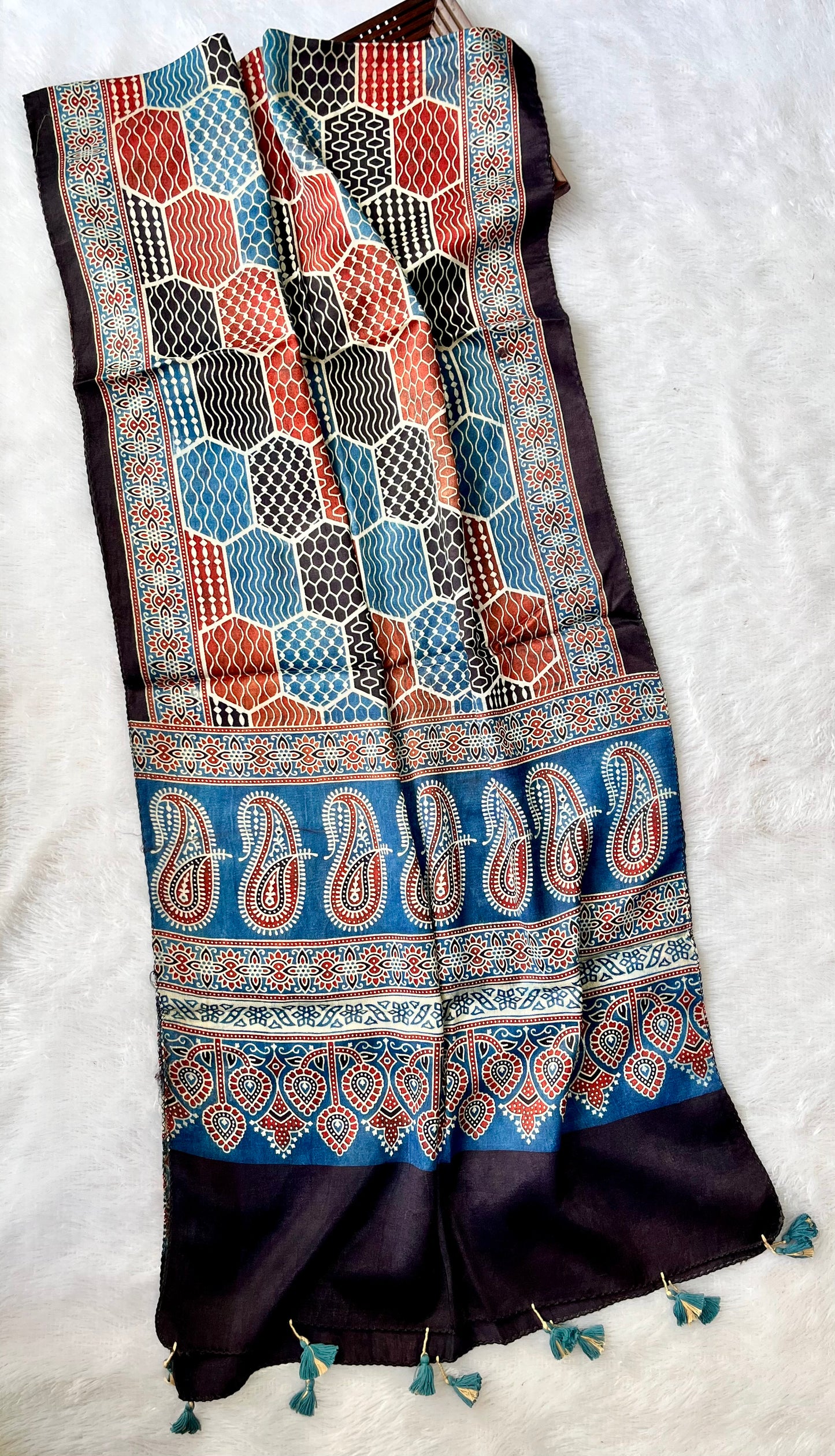 Blue and Red Honeycomb Motif Ajrakh Hand Block Print Mashru Silk Stole with Tassels