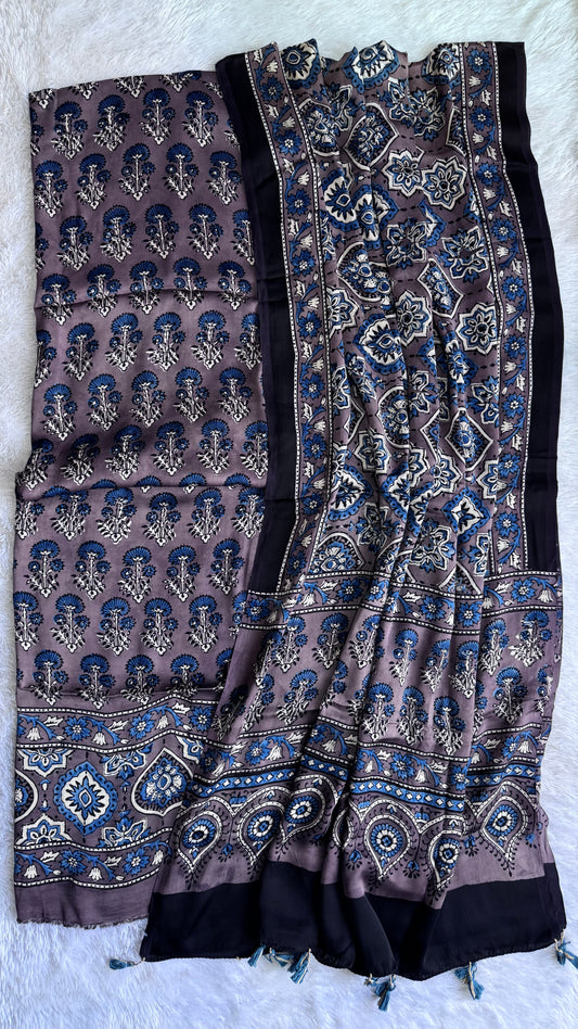 Ash Brown Mugal Buta Motif Ajrakh Hand Block Modal Silk 2pc Suit Material Set with Modal Silk Dupatta