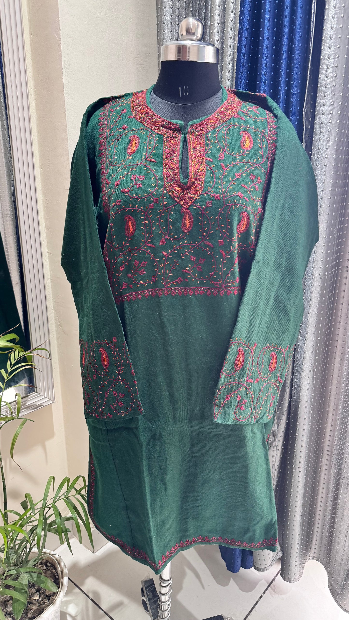 Bottle Green Hand Embroidered Pure Marino Wool Kashmiri Pheran with Pockets and Hand Embroidered Sleeves (Size 54”)