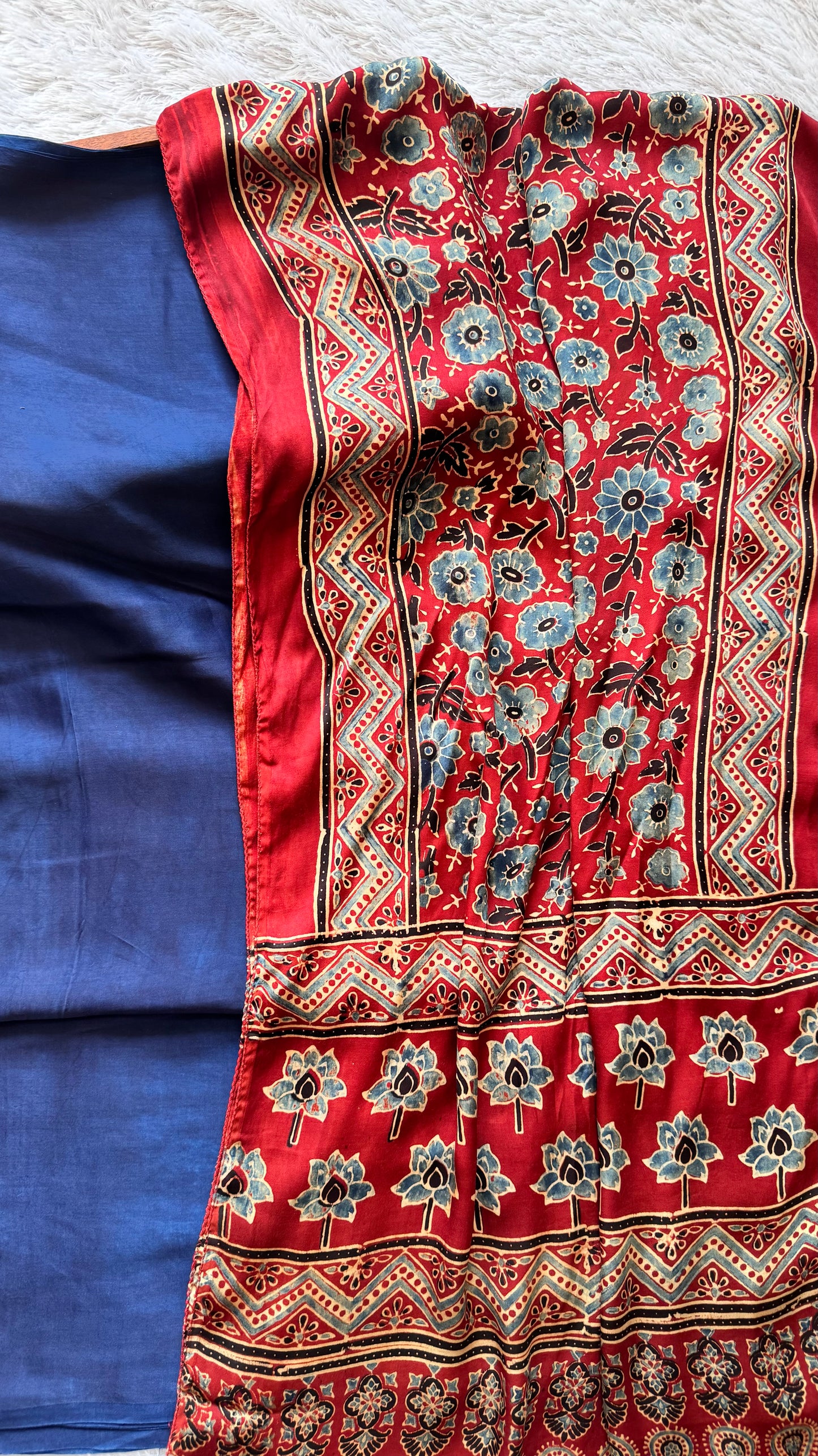 Solid Blue Shade Modal Silk Suit Material with Ajrakh Modal Stole with Tassels