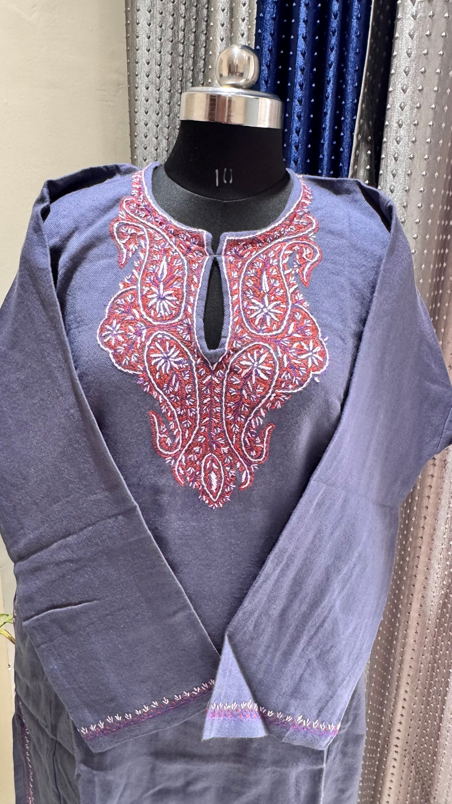 Ash Blue Sozni Hand Embroidered Pure Marino Wool Kashmiri Pheran with Pockets and Hand Embroidered Sleeves (Size 52”)