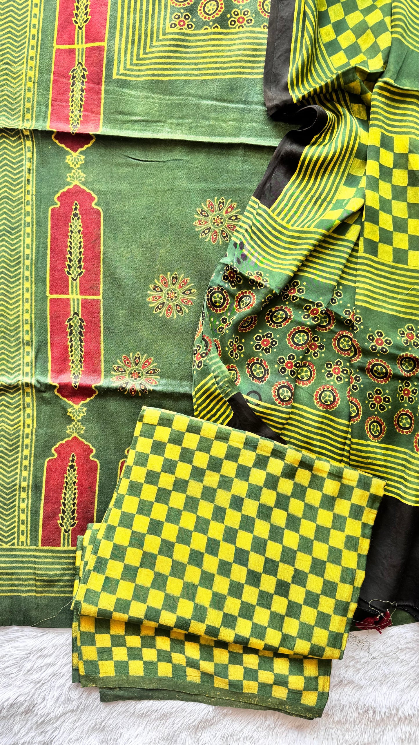Green Minaar Motif Ajrakh Hand Block Print Mashru Silk 3 pc Suit Material with Modal Silk Dupatta