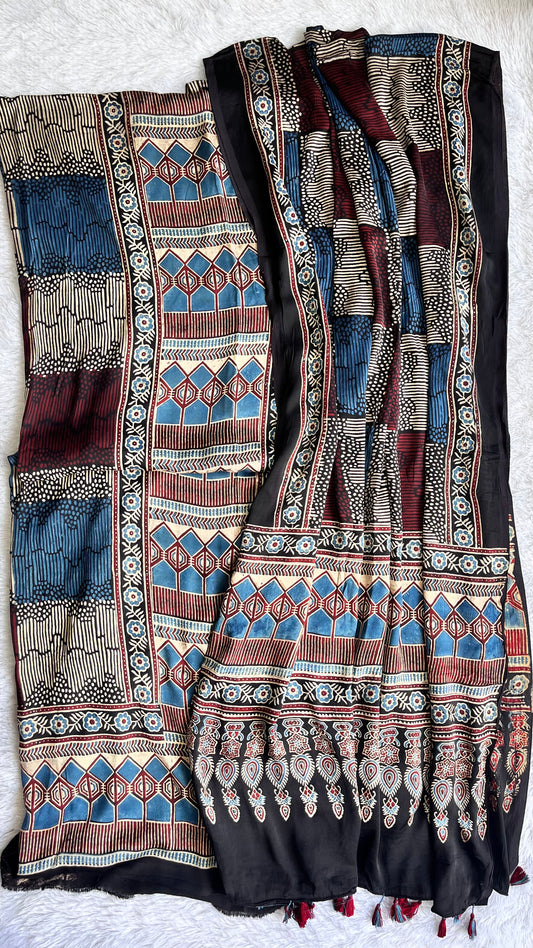 Blue and Black Grid Motif Modal Silk 2pc Suit Material Set