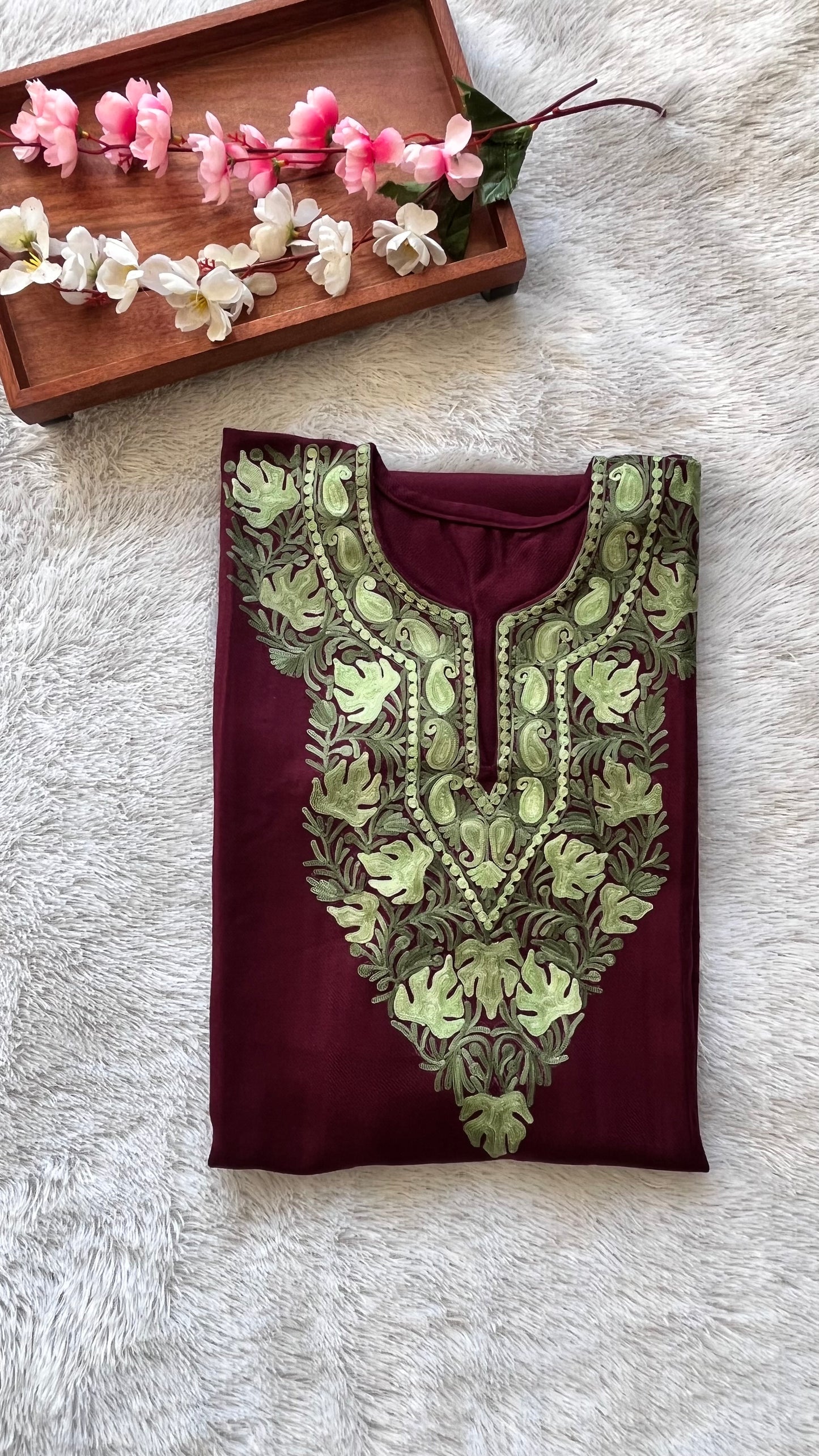 Maroon Shade with Green Kashmiri Aari Work Full Embroidered Pheran with Pockets