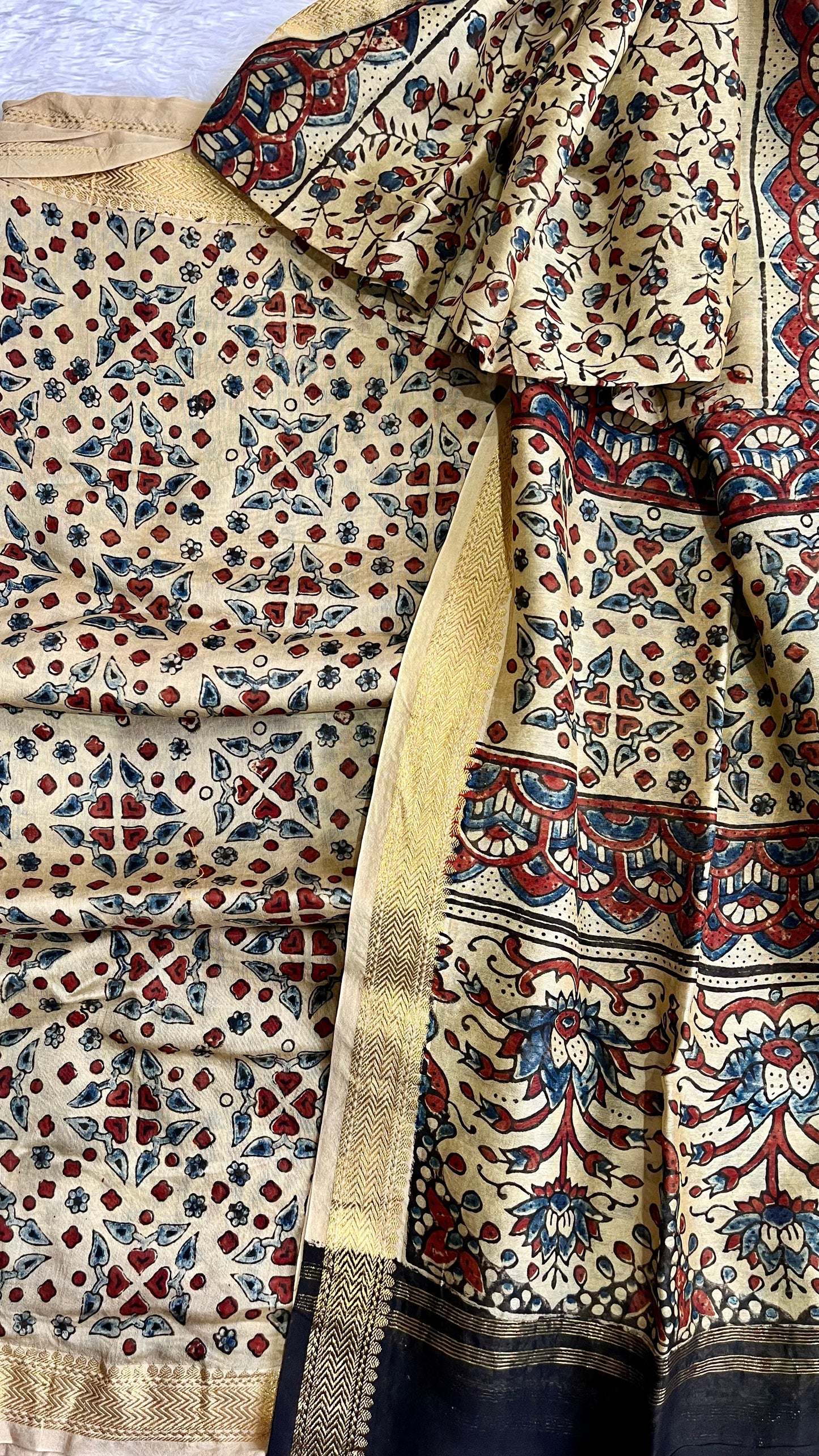 Off White Grid Motif Ajrakh Hand Block Print Chanderi Silk Suit Material