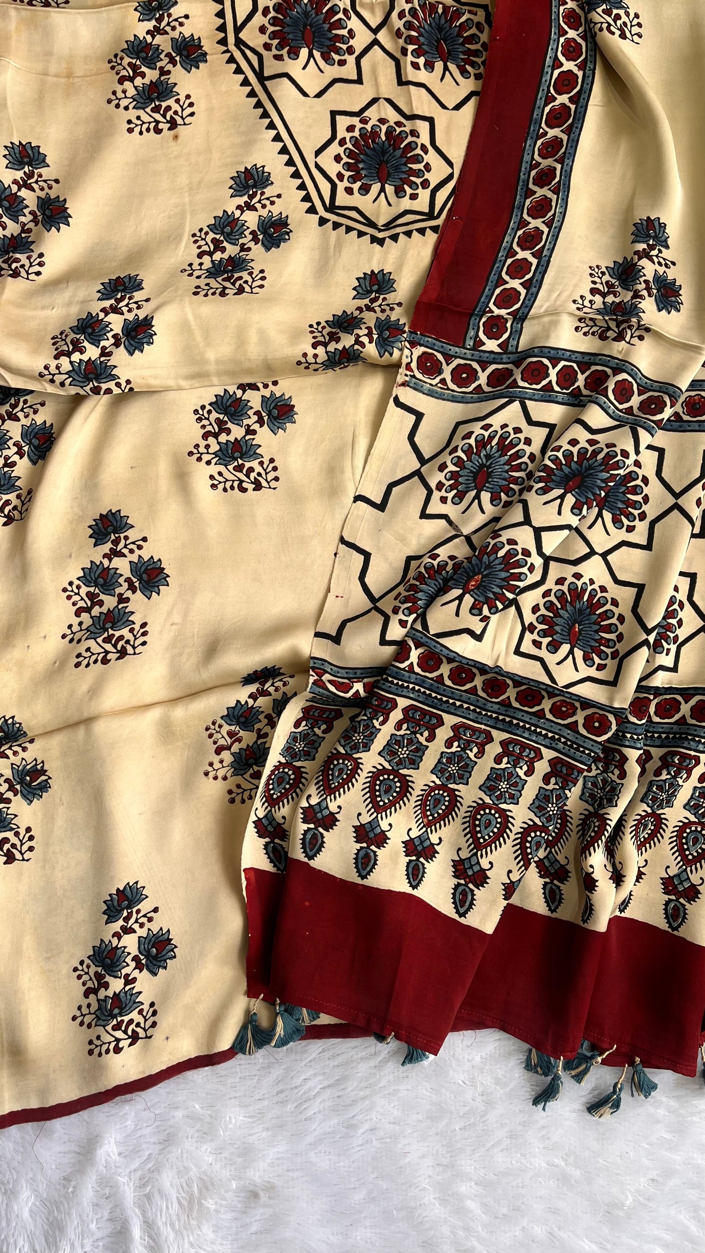 Off White Boota Motif Modal Silk Hand Block Print 2pc Suit Material Set with Modal Silk Dupatta