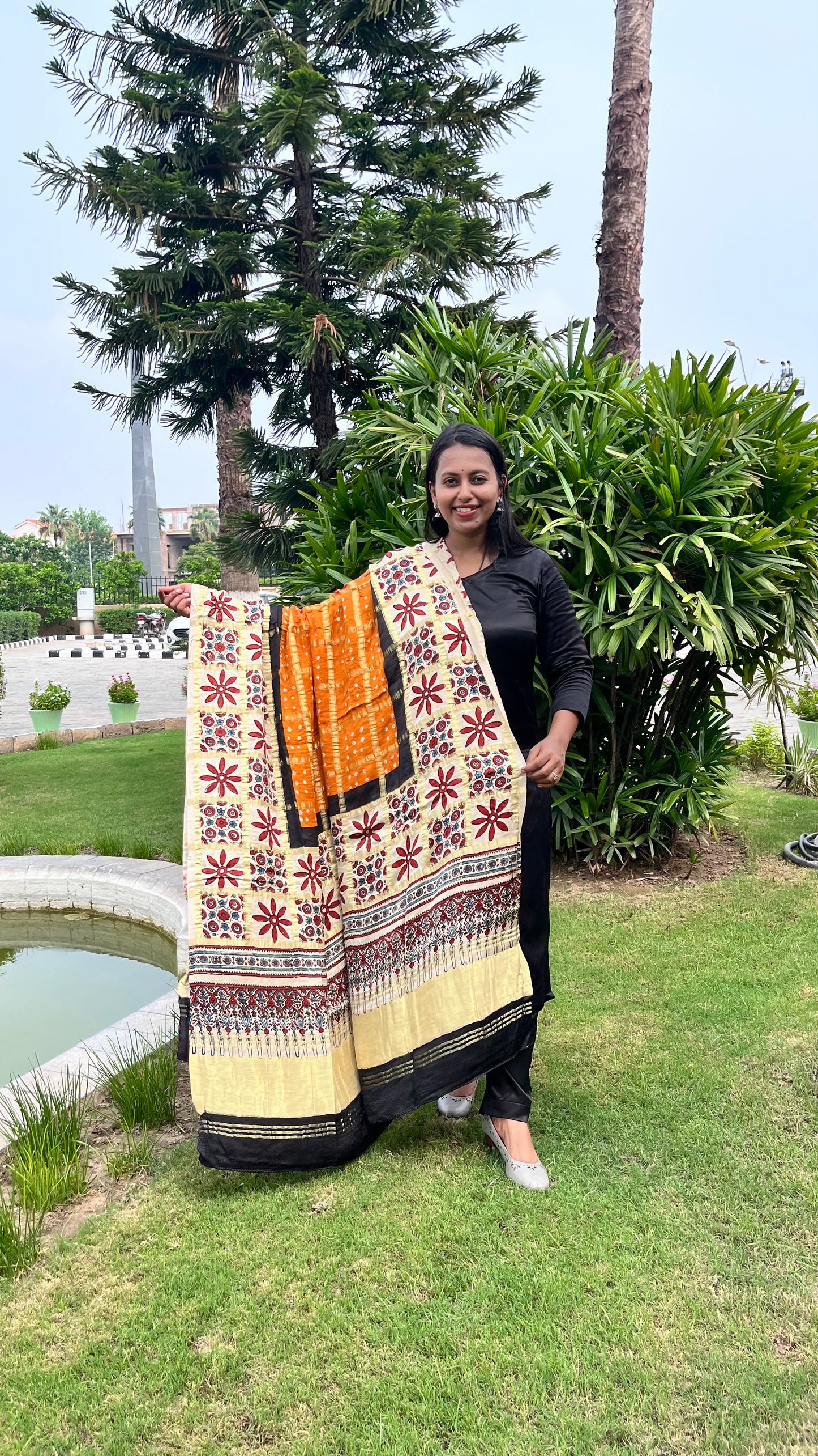 Mustard Gharchola Modal Silk Bandhani Ajrakh Dupatta with Lagdi Patti