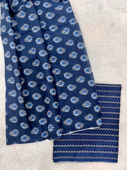 Navy Blue Shade Ikat Print Pure Cotton 2pc Suit Set