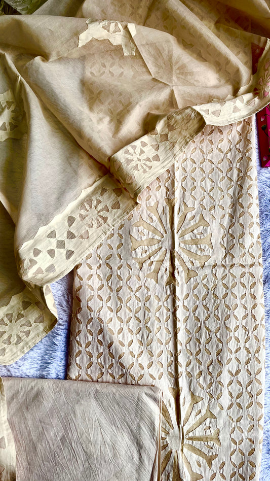 Badaami Shade Barmer Applique Cut Work Cotton 3pc Suit Material Set