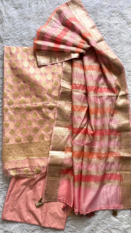 Peachish Pink Shade Banarasi Tissue Silk 3-Piece Suit with Threadwork & Crushed Organza Dupatta