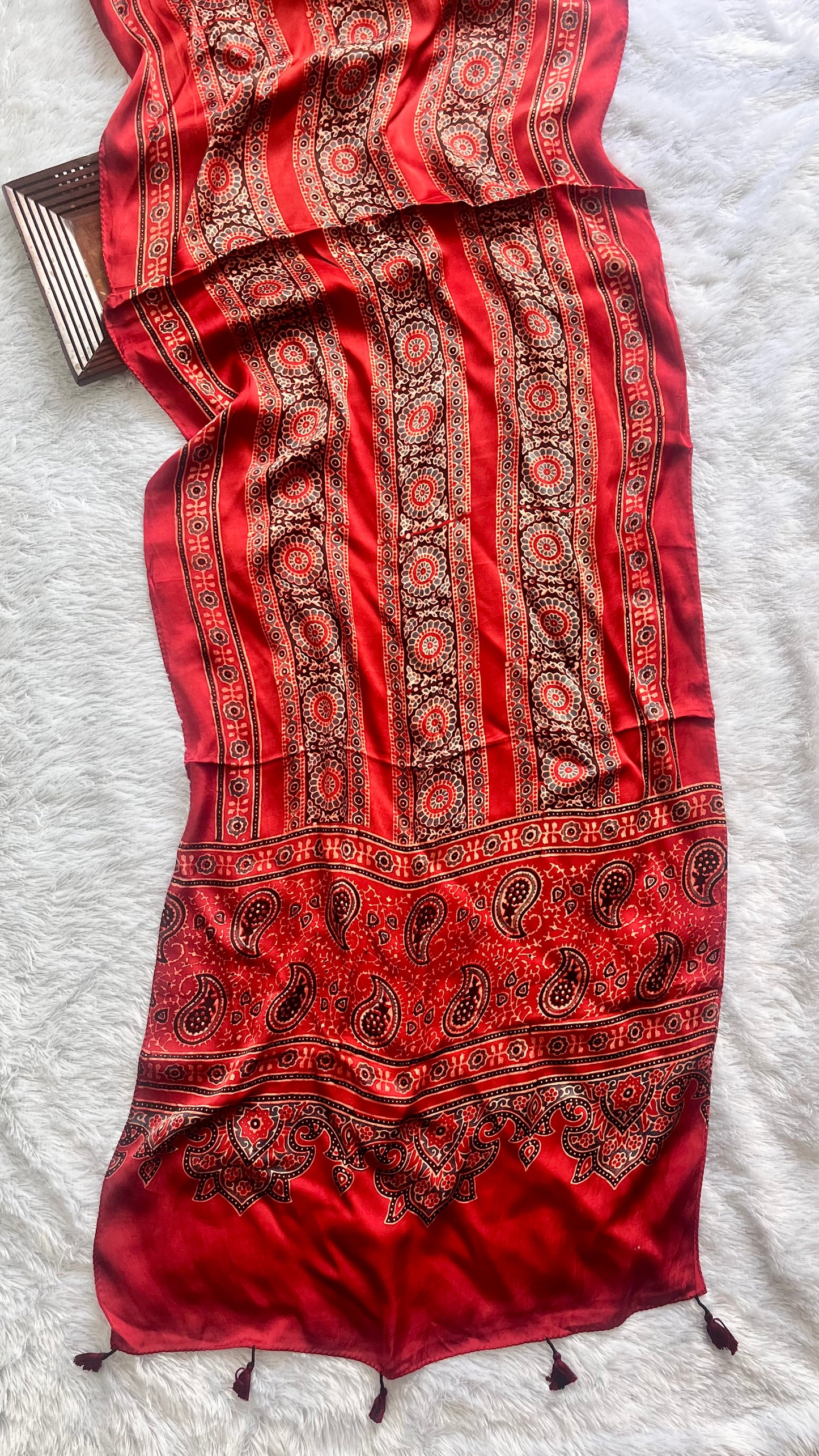 Red and Black Patti Motif Ajrakh Hand Block Print Modal Silk Stole with Tassels