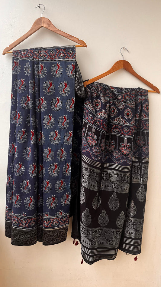 Indigo Mor Buta Motif Ajrakh Hand Block Dola Silk Saree with Zari Pallu (With Blouse)
