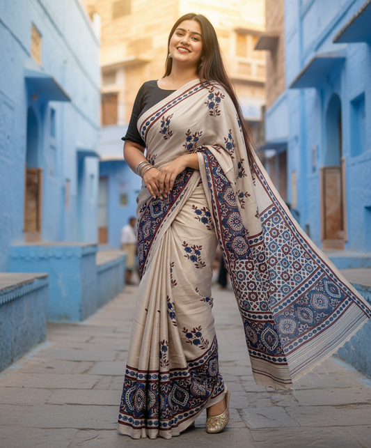 Off white and Blue Buta Motif Modal Silk Saree With Blouse