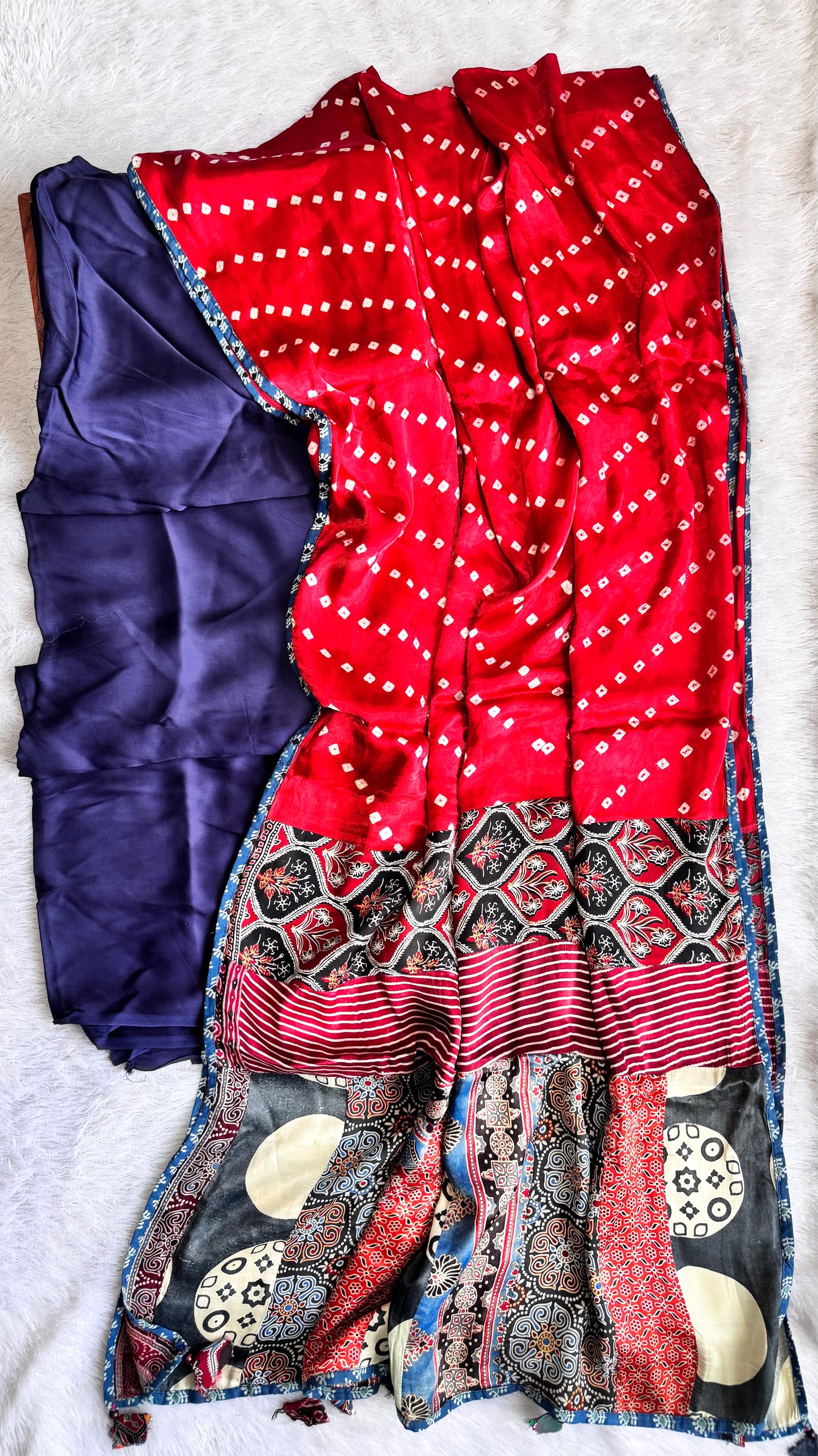 Royal Blue Solid Shade Modal Silk Ajrakh Hand Block Print 2pc Suit Material Set with Applique Work Dupatta