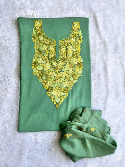 Sea Green Muslin Cotton Kashmiri Aari Embroidered 3pc Suit Set