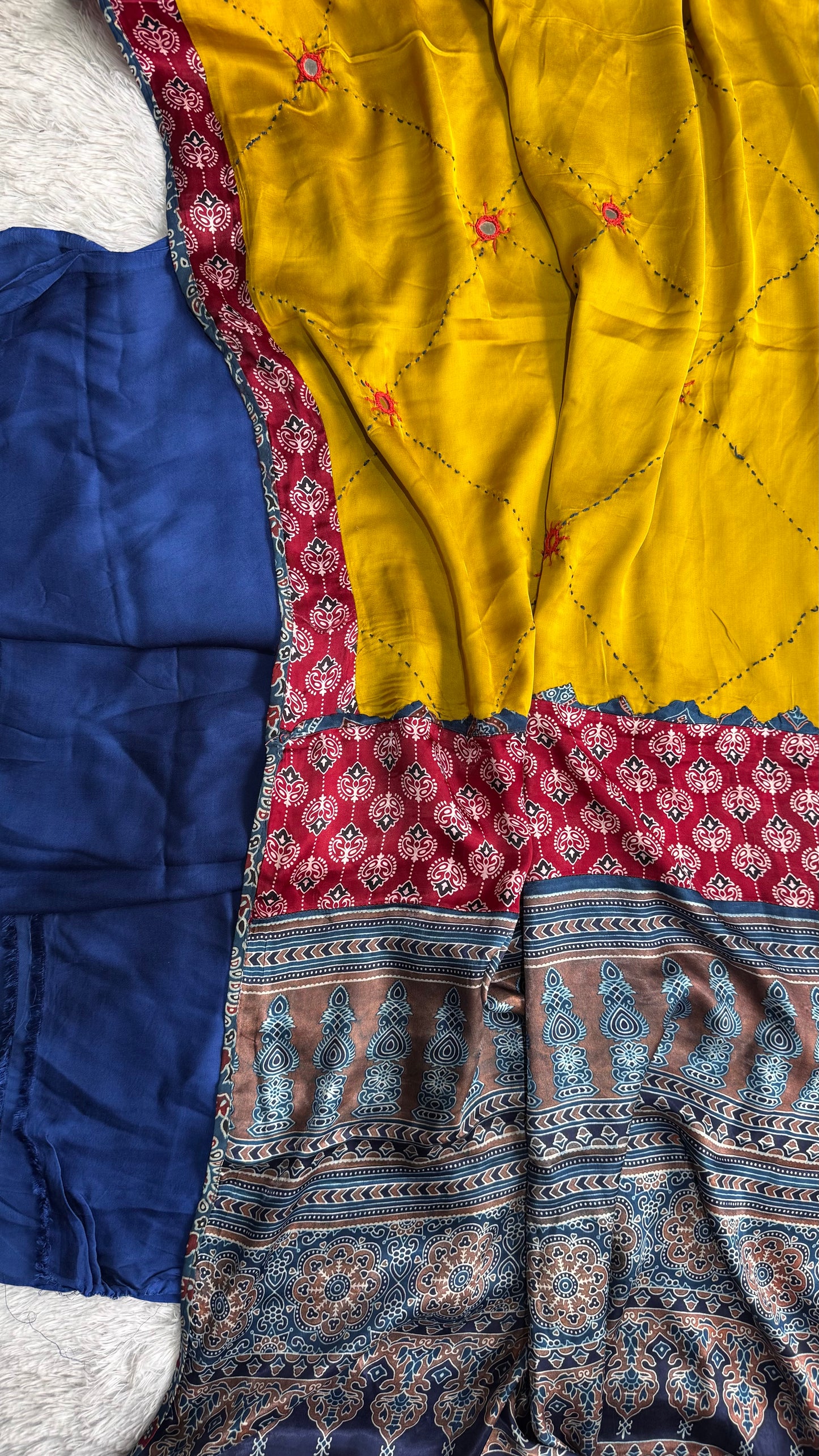Blue Solid Shade Modal Silk Suit Material with Multi Shade Modal Silk Dupatta with Mirror Work