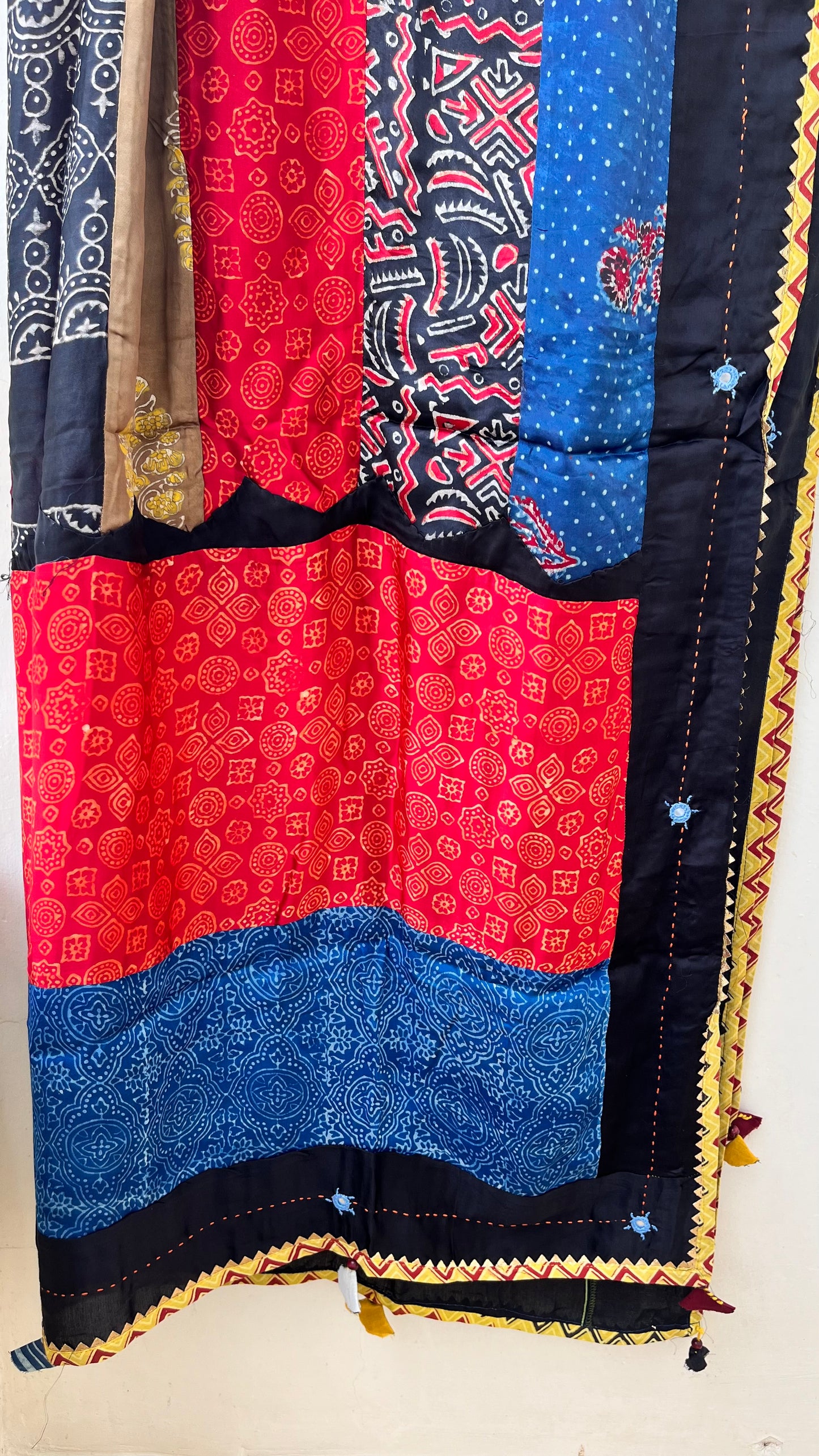 Multi Shade Ajrakh Applique Patchwork Modal Silk Kantha Work Dupatta with Tassels and Mirror-work