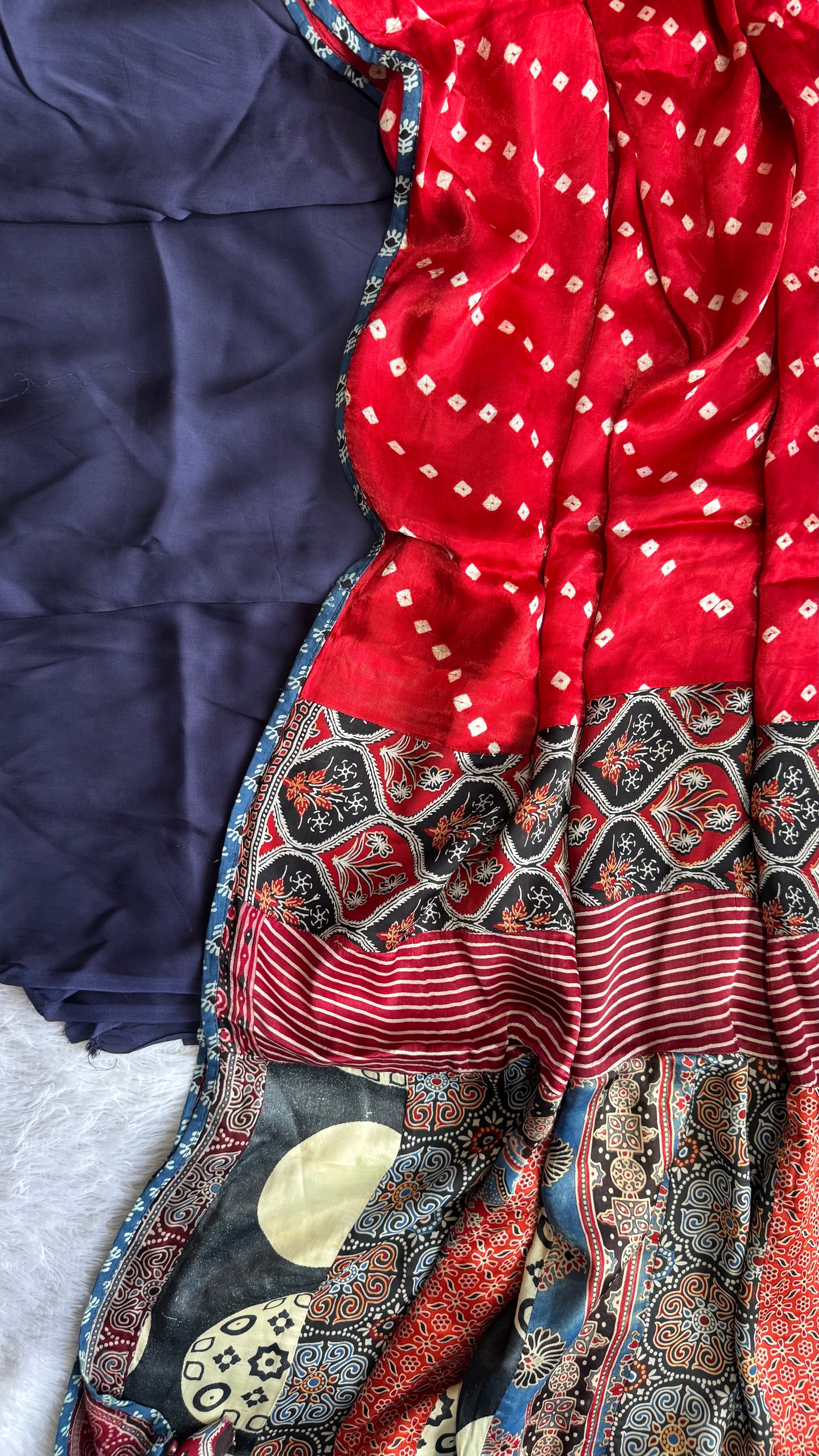 Royal Blue Solid Shade Modal Silk Ajrakh Hand Block Print 2pc Suit Material Set with Applique Work Dupatta