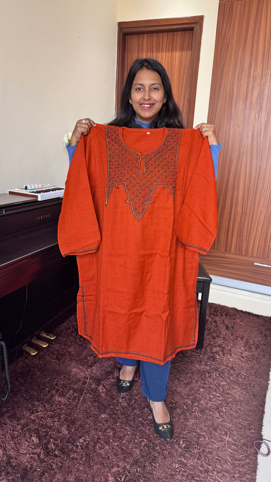 Burnt Orange Hand Embroidered Pure Marino Wool Kashmiri Pheran with Pockets and Hand Embroidered Sleeves (Size 58”)