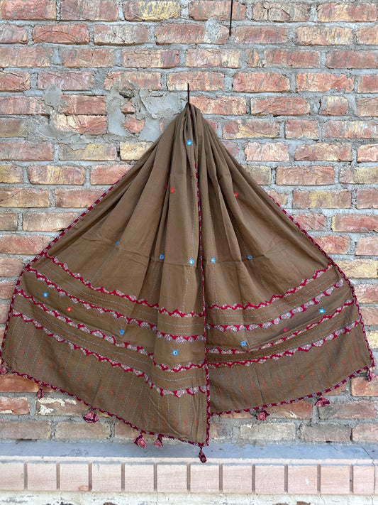 Mitti Shade Ajrakh Applique Patchwork Cotton Dupatta with Mirror Work