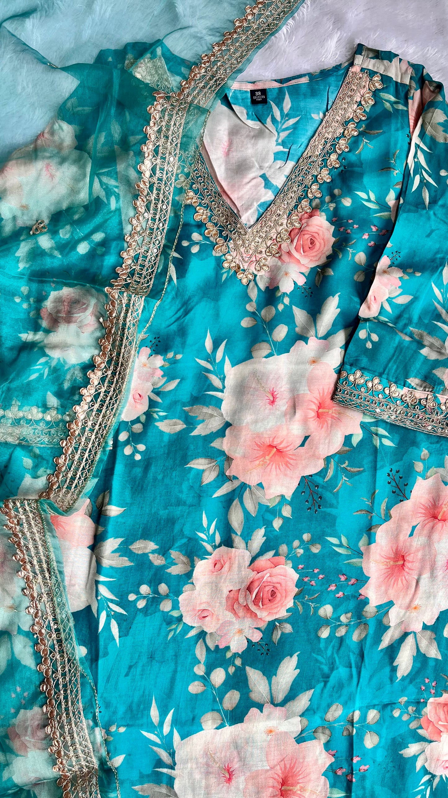 Teal Blue Floral Print Pure Muslin Suit Set with Organza Dupatta