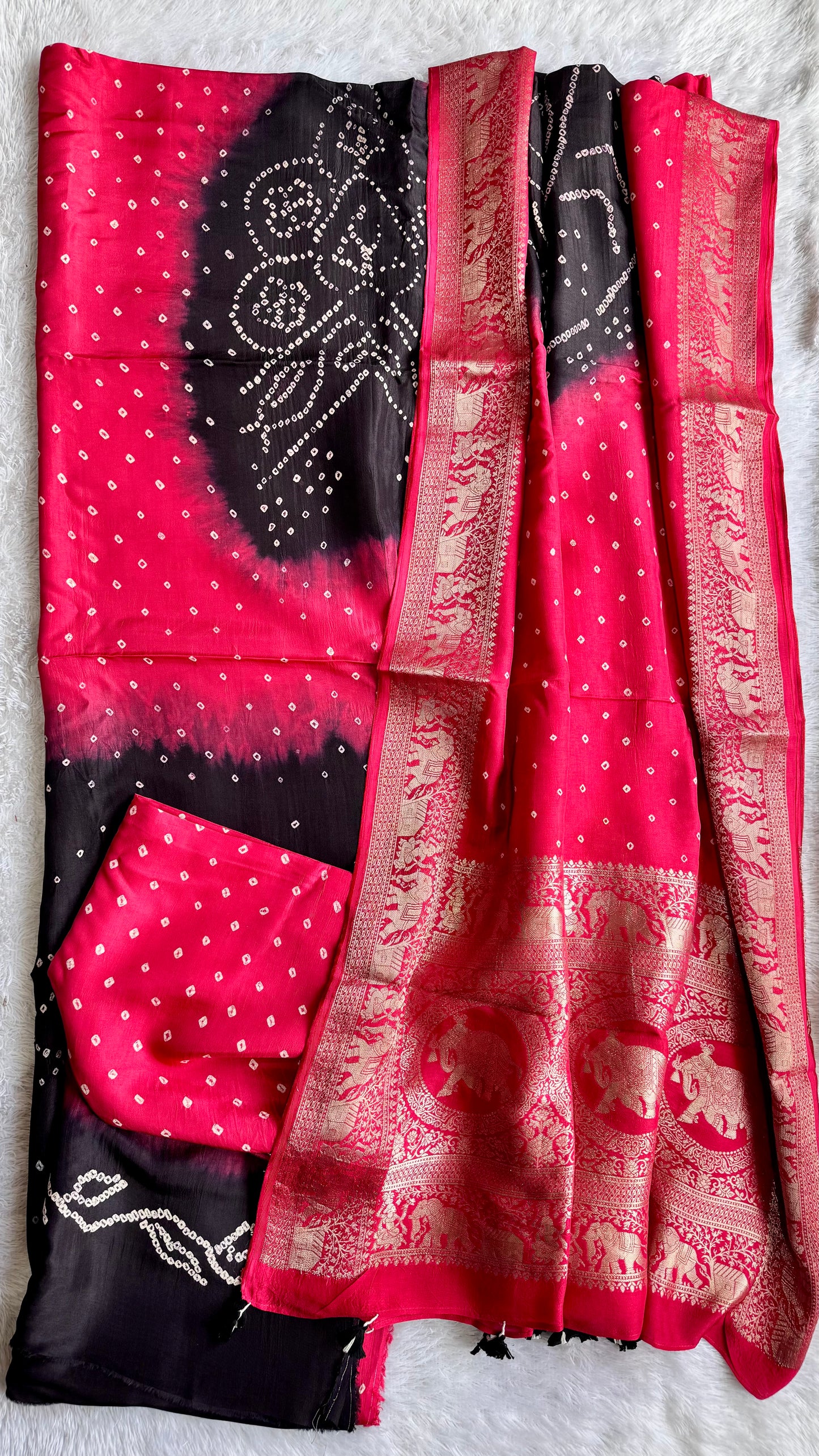 Red and Black Bandhej Pure Dola Silk Ajrakh Hand Block Print 3 pc Suit Material Set with Menakari Yoke and Nakkashi Dupatta and Bottom.