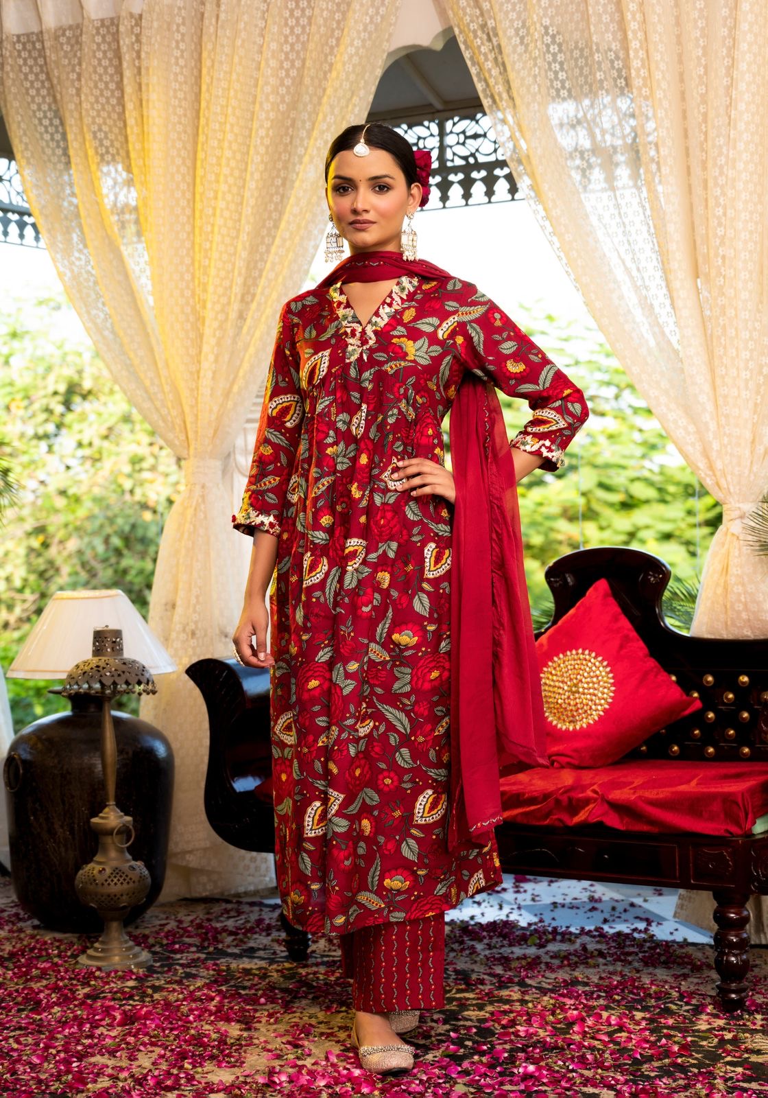 Red Floral Print Pure Muslin Alia Cut Suit Set with Lace Dupatta