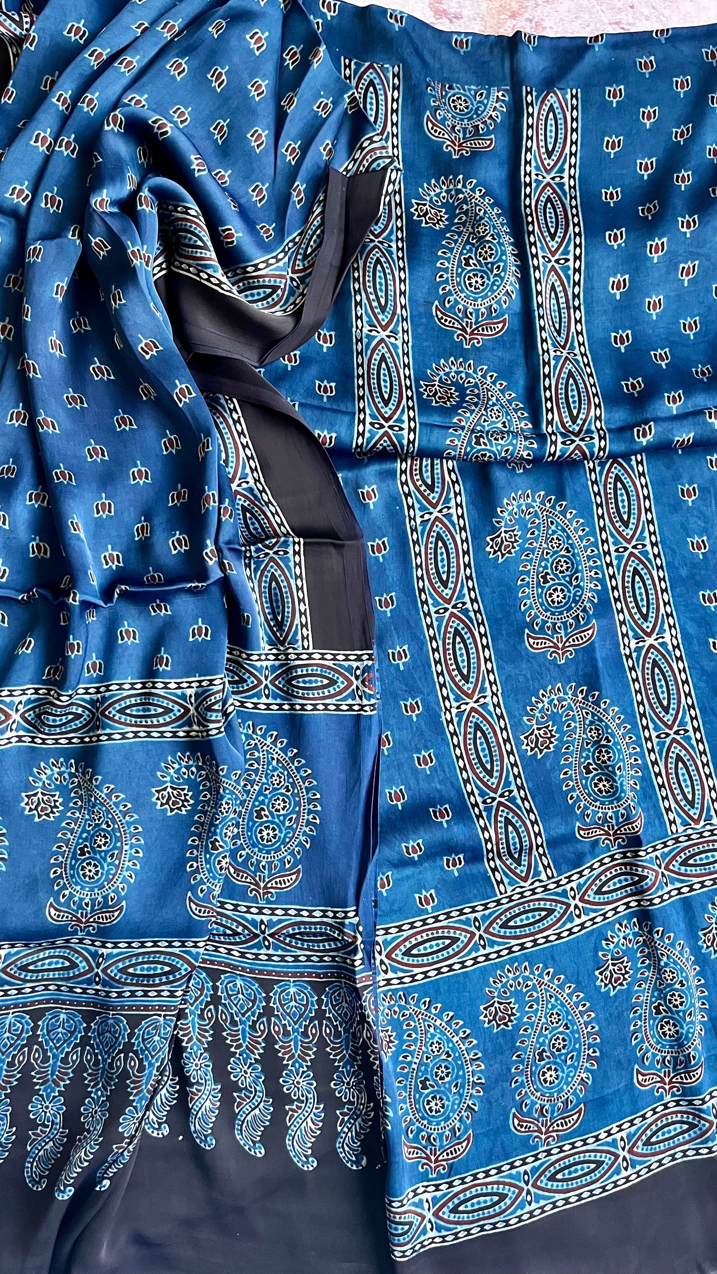 Blue Mugal Booti Motif Modal Silk Ajrakh Natural Dyed Hand Block Print 2pc Suit Material Set