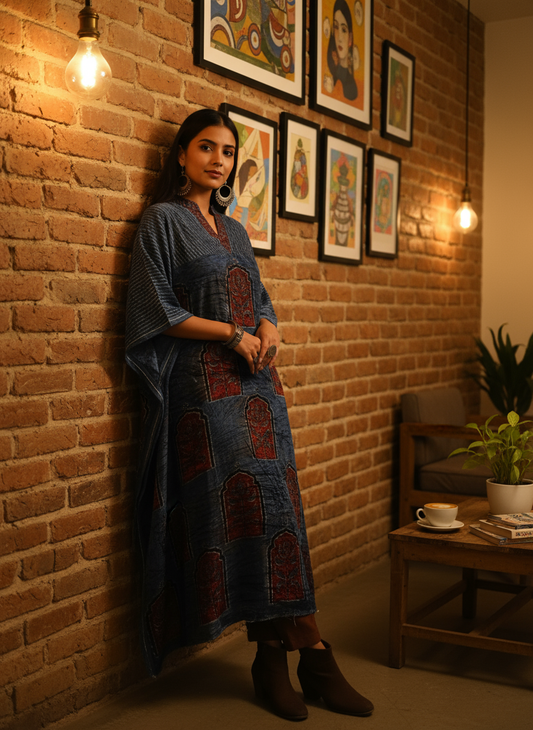 Blue and Red Jharokha Buta Velvet Fabric Ajrakh Hand Block Print Designer Unstitched Fabric (Kurta Only)