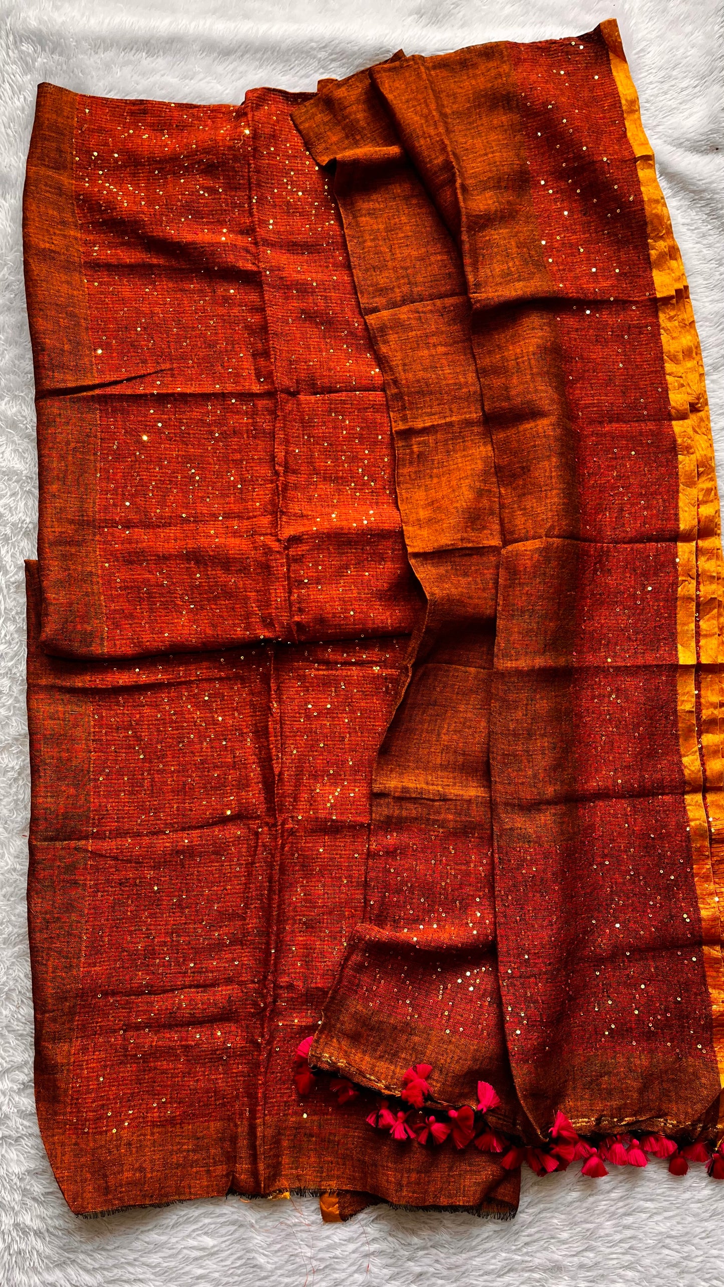 Dark Cocoa Shade Pure Linen on Linen Hand Woven Suit Set with Sequins Work and Tassels