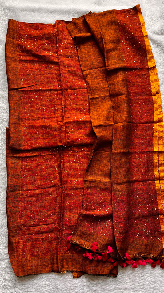 Dark Cocoa Shade Pure Linen on Linen Hand Woven Suit Set with Sequins Work and Tassels