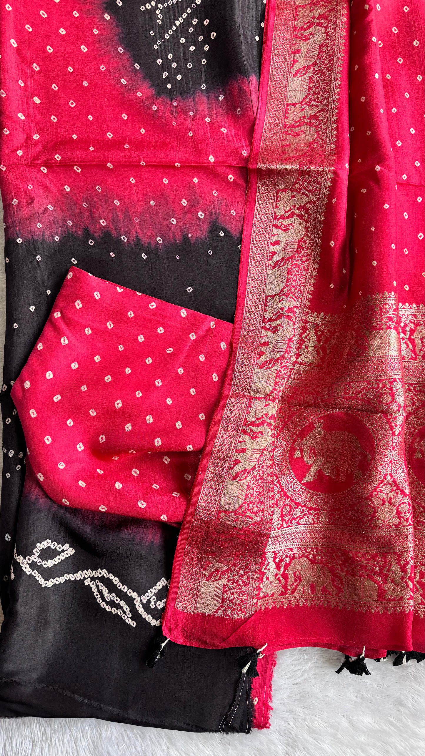 Red and Black Bandhej Pure Dola Silk Ajrakh Hand Block Print 3 pc Suit Material Set with Menakari Yoke and Nakkashi Dupatta and Bottom.