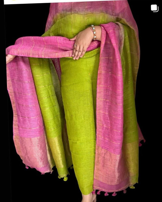 Kairi Green and Pink Dual toned Unstitched Pure Linen on Linen Jamdaani Daman 2 pc Suit Set