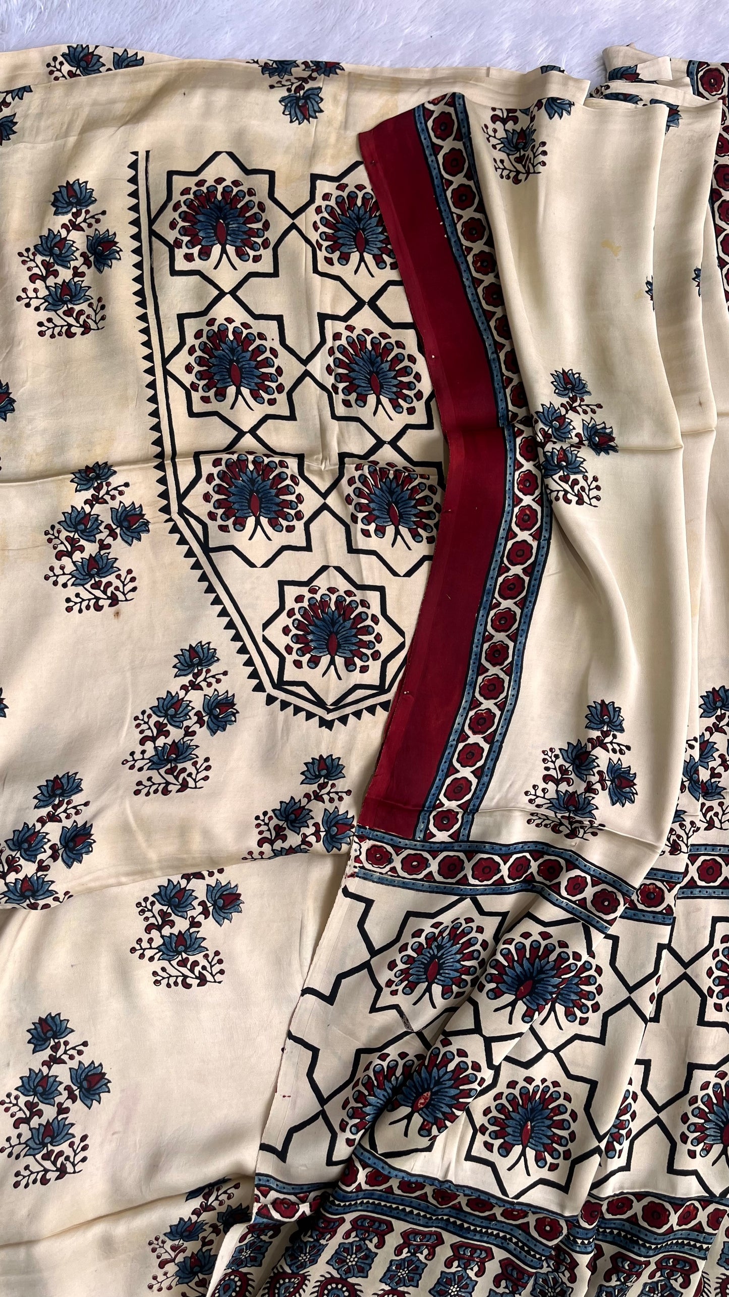 Off White Boota Motif Modal Silk Hand Block Print 2pc Suit Material Set with Modal Silk Dupatta
