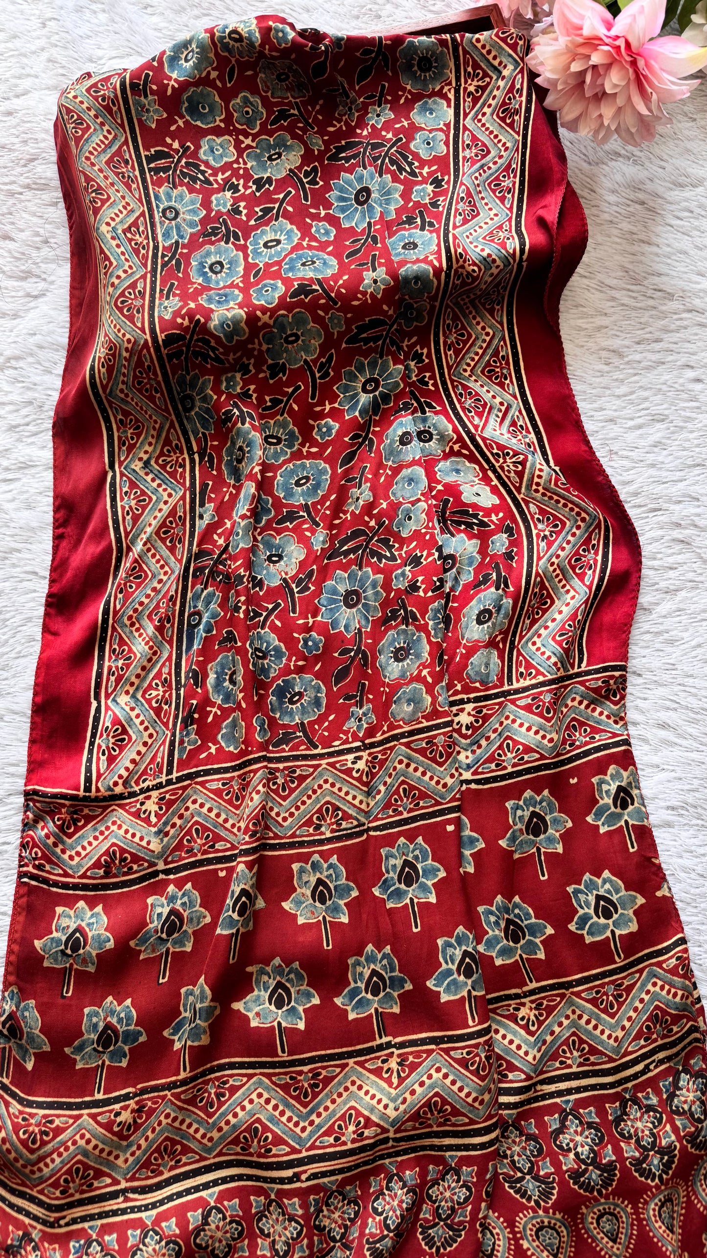 Maddar Red Floral Motif Ajrakh Hand Block Print Modal Silk Stole with Tassels