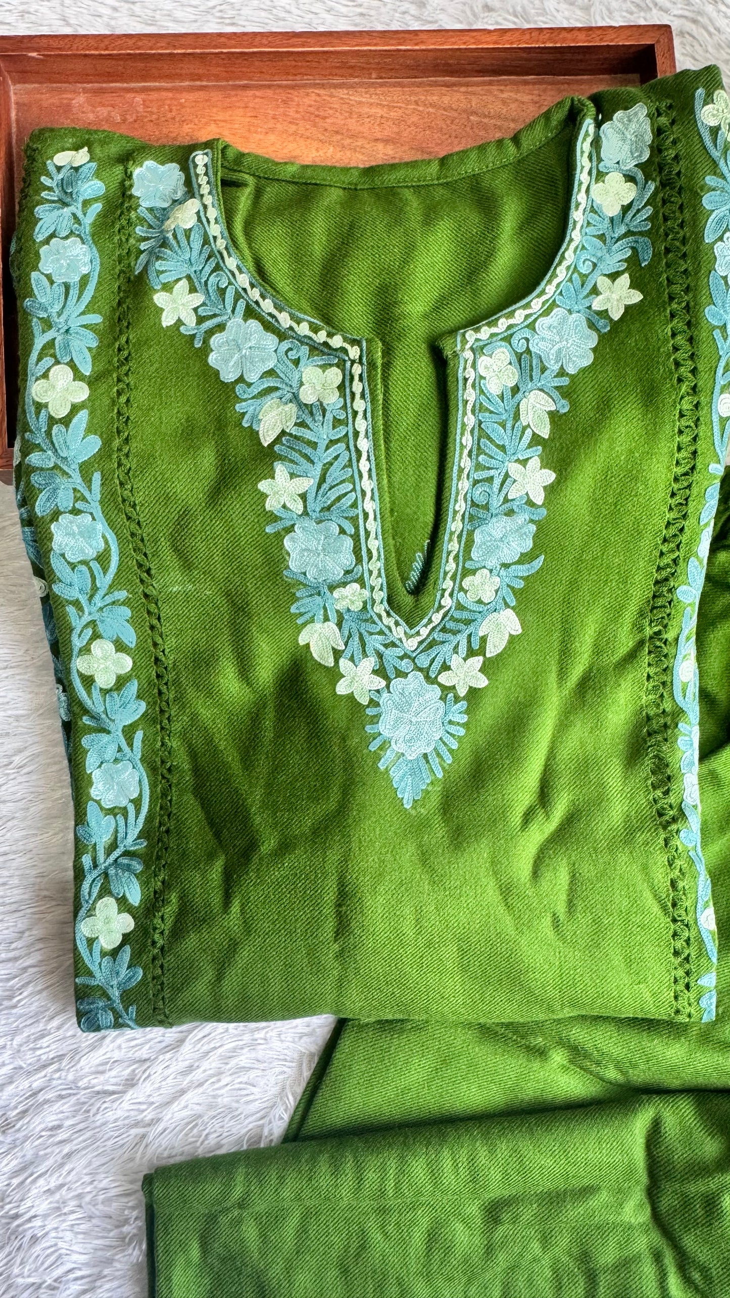 Forest Green Floral Kashmiri Aari Hand Embroidered Woollen Pheran Set with Pockets and Pants