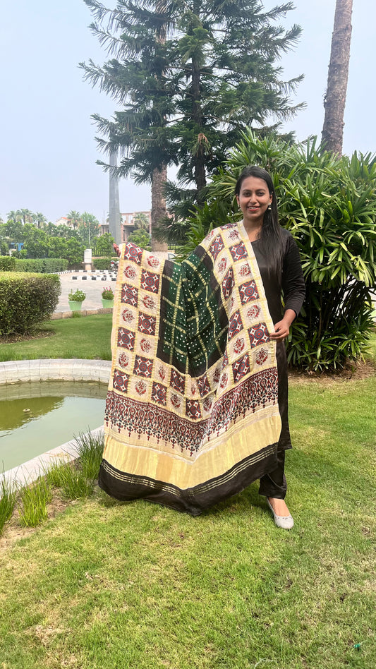 Bottle Green Gharchola Modal Silk Bandhani Ajrakh Dupatta with Lagdi Patti