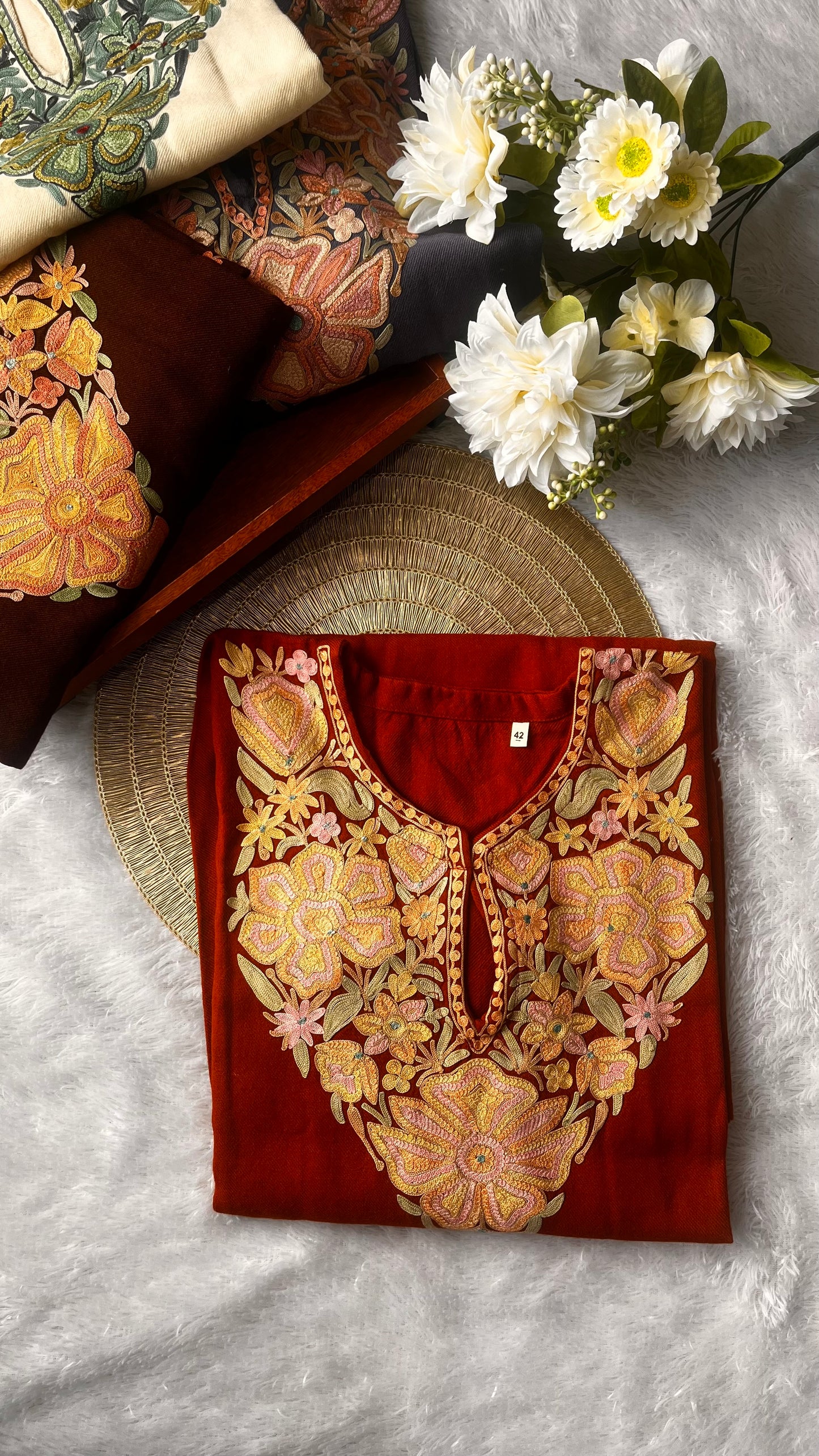Caramel Shade Aari Embroidery Kashmiri Merino Wool Pheran with Pockets