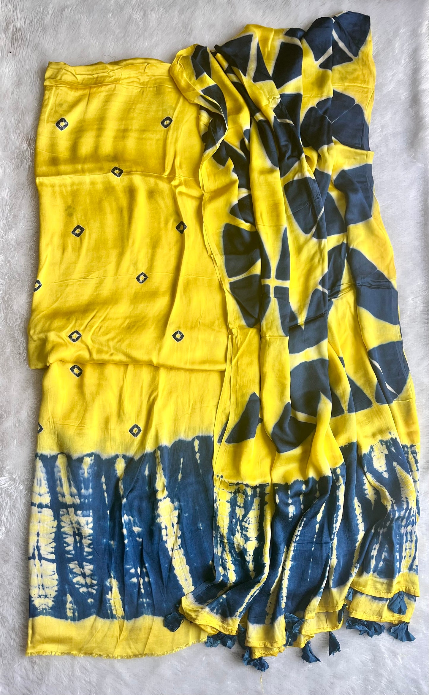 Yellow and Blue Natural Clamp Dyed Print Modal Silk Hand Block Print 2pc Suit Material