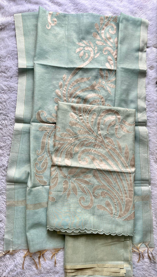 Aqua Blue Shade Banarasi Tissue Linen 3-Piece Suit with All over Applique Work on Daman and Dupatta