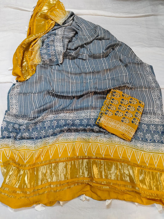 Yellow and Blue Booti Motif Modal Silk Ajrakh Natural Dyed Hand Block Suit Set with Lagdi Patti Dupatta