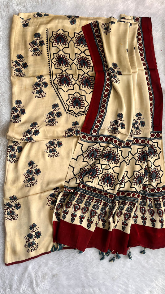 Off White Boota Motif Modal Silk Hand Block Print 2pc Suit Material Set with Modal Silk Dupatta